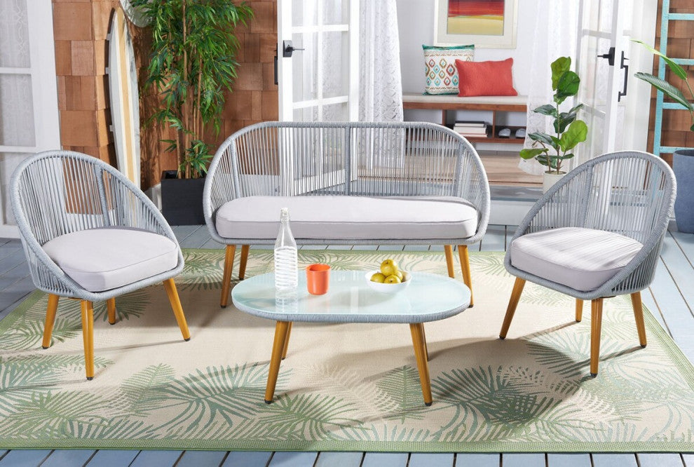 Safavieh Outdoor Halcott 4 Piece Living Set Grey Rope / Grey Cushion / Gold Legs