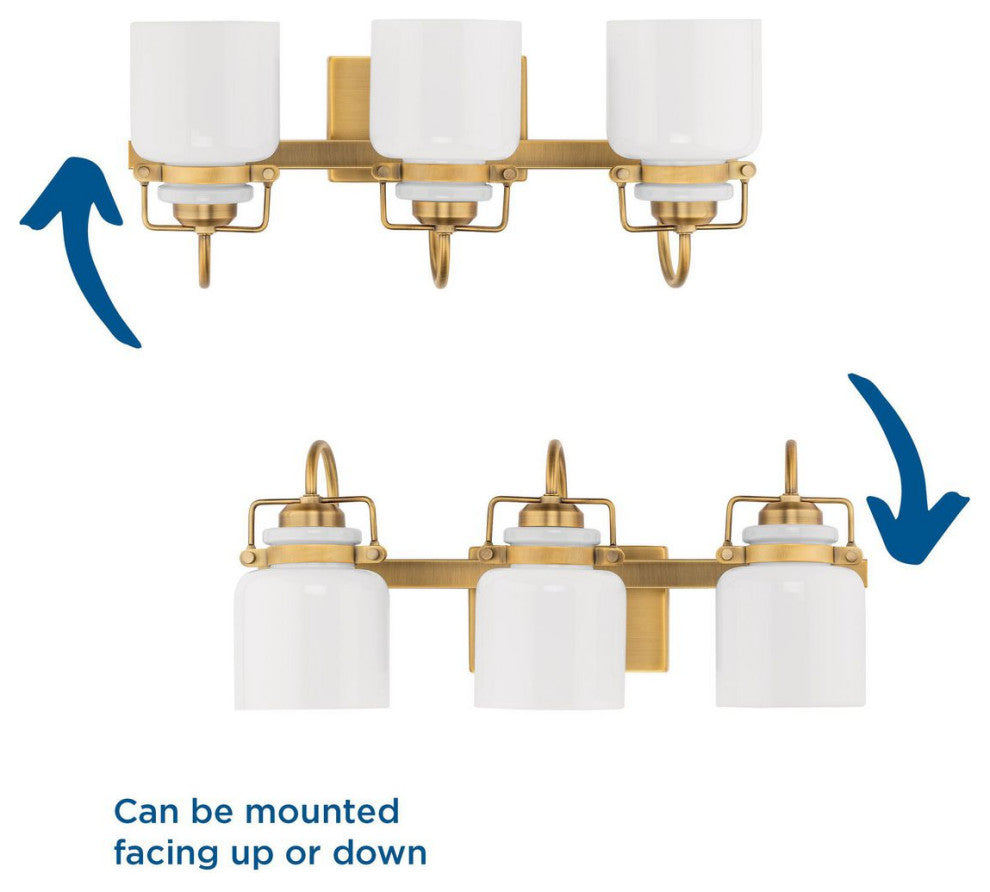 Fessler Collection Three-Light Vintage Brass Opal Glass Farmhouse Bath Light