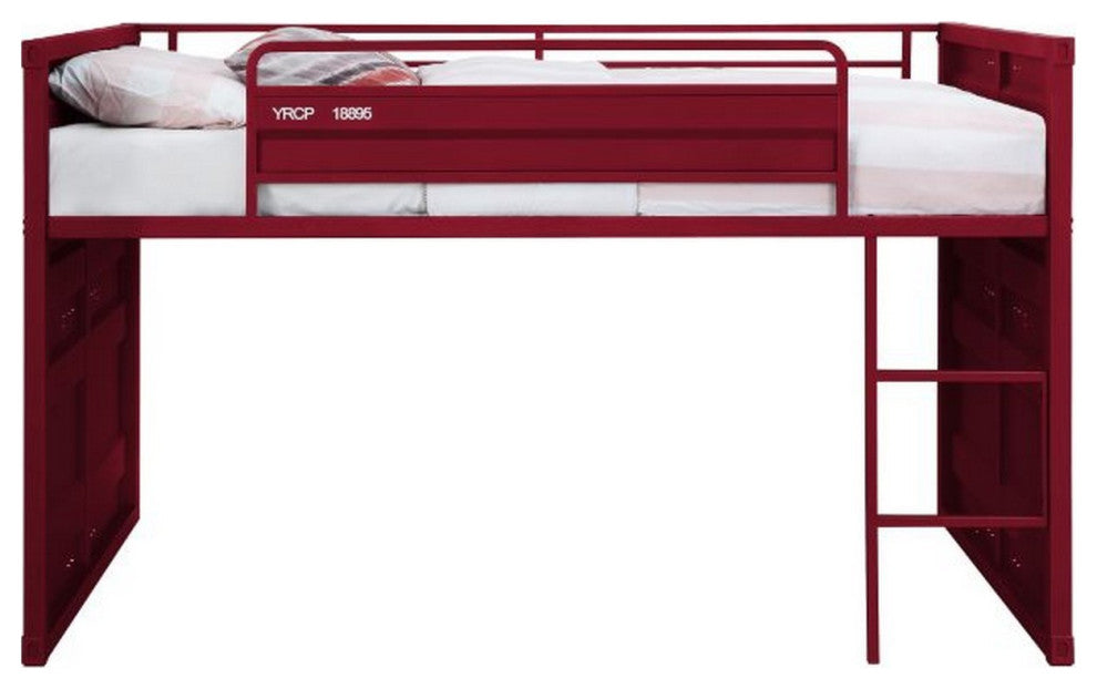 Benzara BM261728 Twin Loft Bed With Metal Frame and Slide, Red