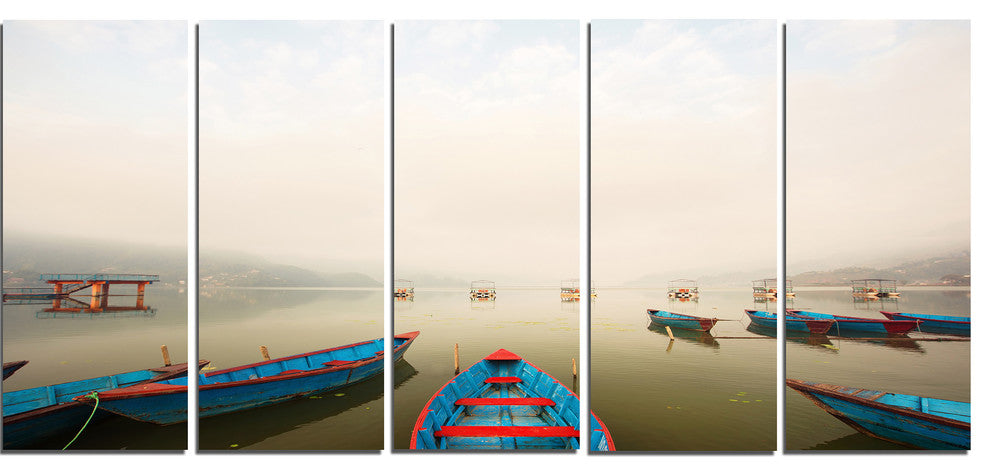 Moving Boats in Mountain Lake, Boat Canvas Art Print, 60"x28", 5 Panels