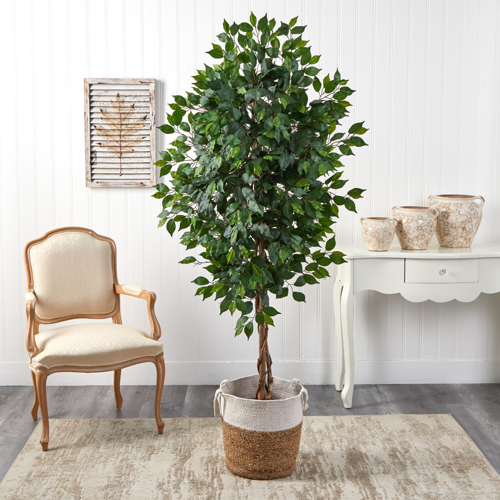 6' Ficus Faux Tree With Natural Trunk, Handmade Natural Jute and Cotton Planter