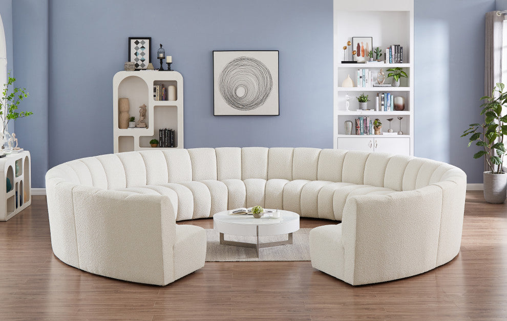 Infinity Black Boucle Fabric Upholstered Arc Shaped Modular Sectional, Cream, 11-Piece, Arc-Shaped
