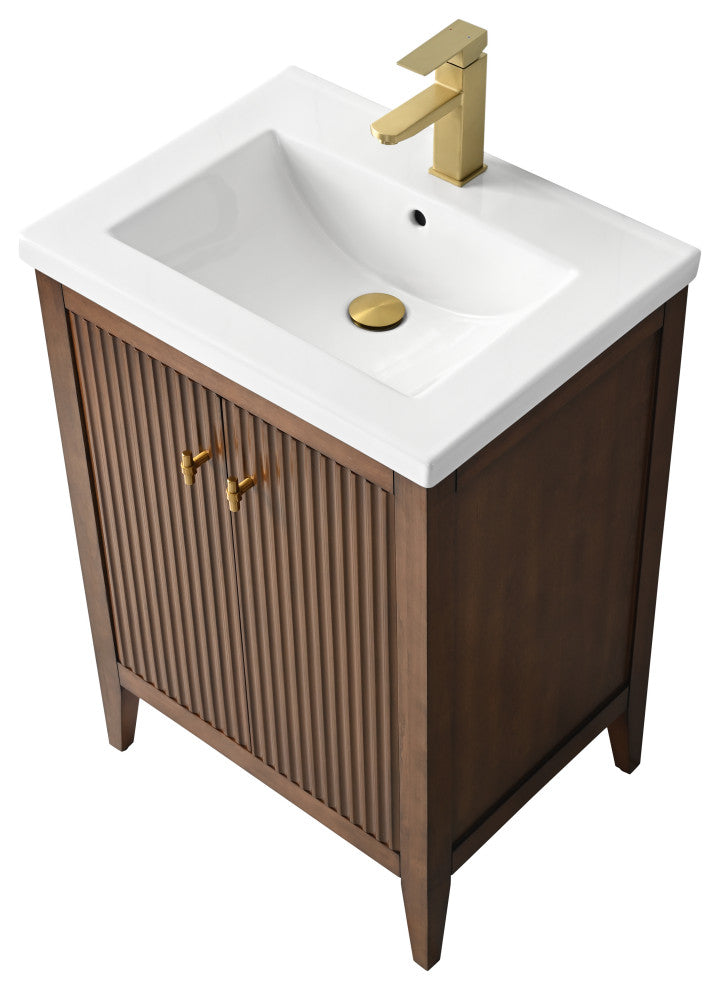 Vanity Art Freestanding Vanity, Walnut, 24", Single Sink, Golden Brushed