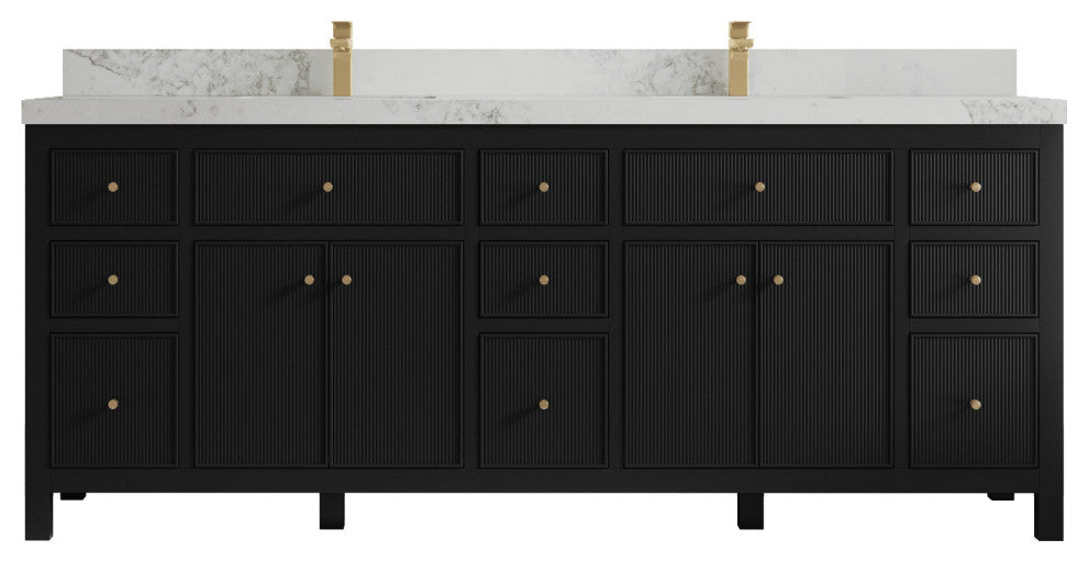Sonoma 84 Double Sink Reeded Bath Vanity in Black 2" Calacatta Nuvo