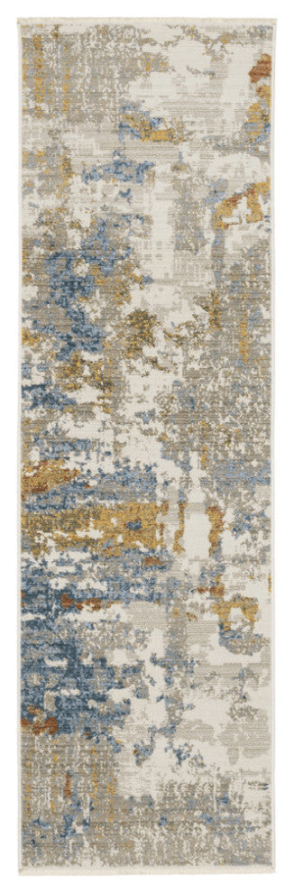 8' Beige Grey Gold Blue Rust And Teal Abstract Power Loom Runner Rug With Fringe
