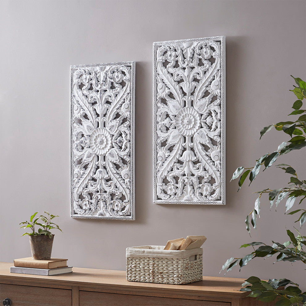 Madison Park Antique Carved Wooden Boho 2-Piece Wall Art Decor, Bronze, White