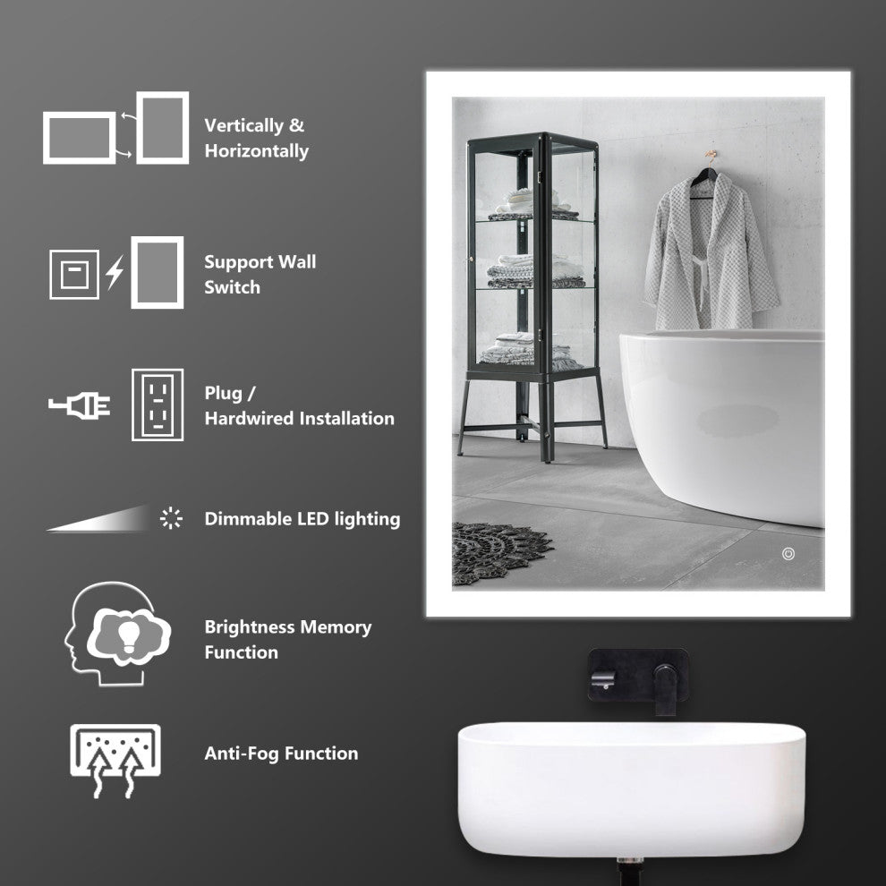 Vanity LED Lighted Backlit Wall Mounted Bathroom Mirror, 28x36", Right Button