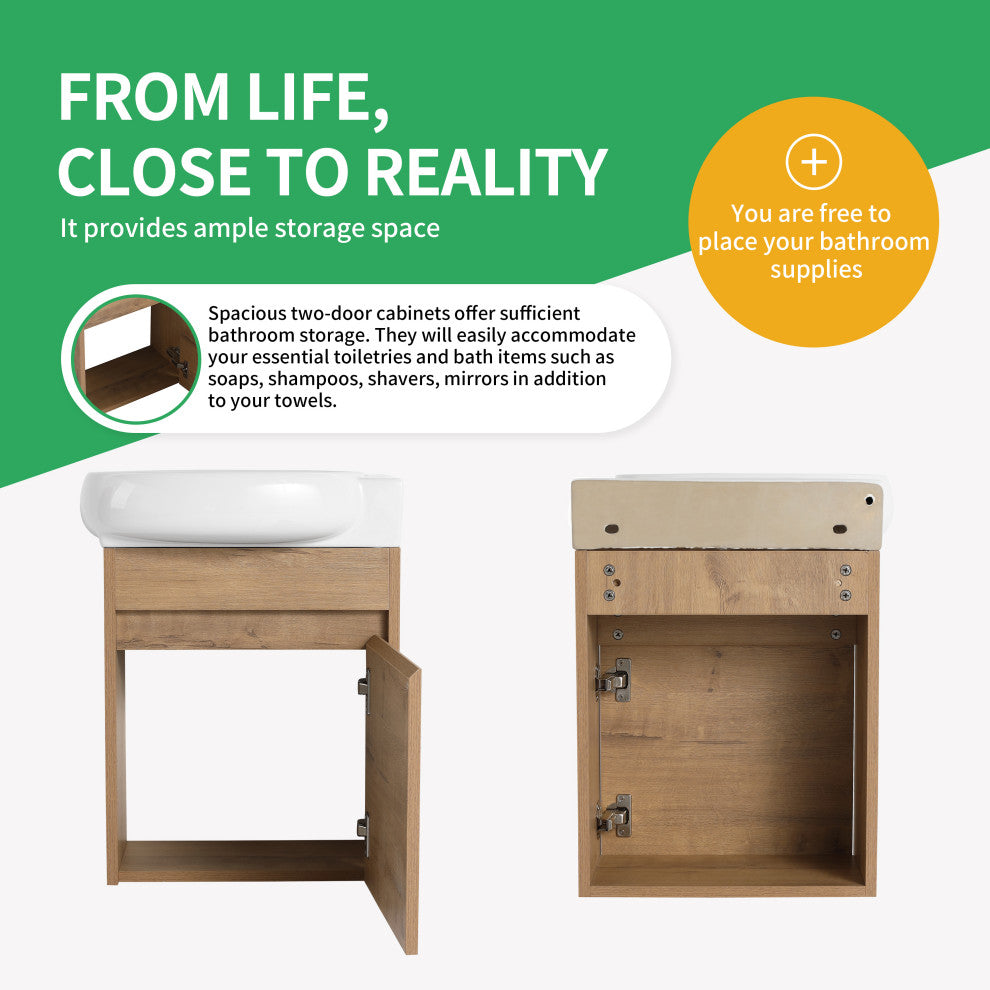 BNK 16 Inch Floating Bathroom Vanity With Sink, With 1 Soft Closing Door, Imitative Oak