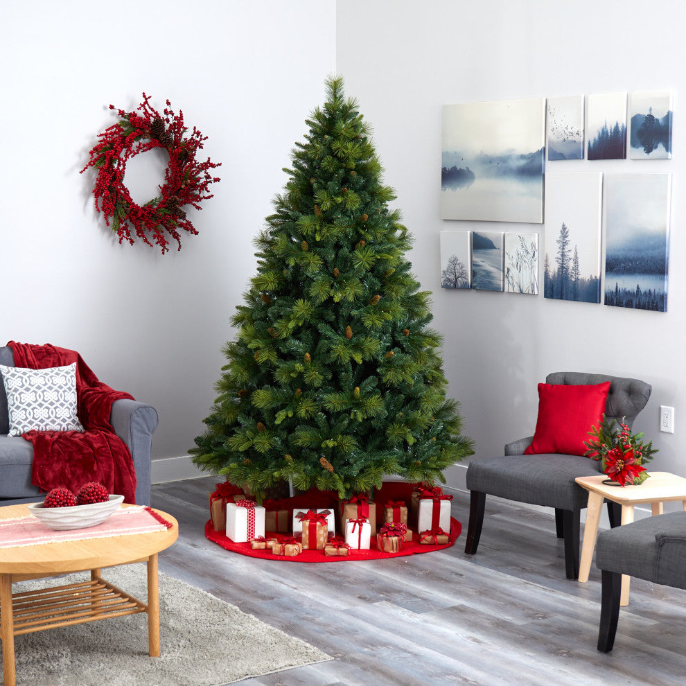 7.5' North Carolina Pine Faux Xmas Tree W/Lights, Bendable Branches & Pinecones