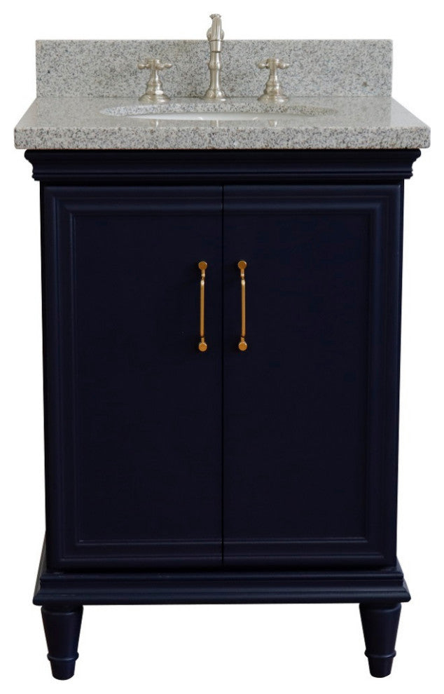 25" Single Vanity, Blue Finish With Gray Granite And Oval Sink