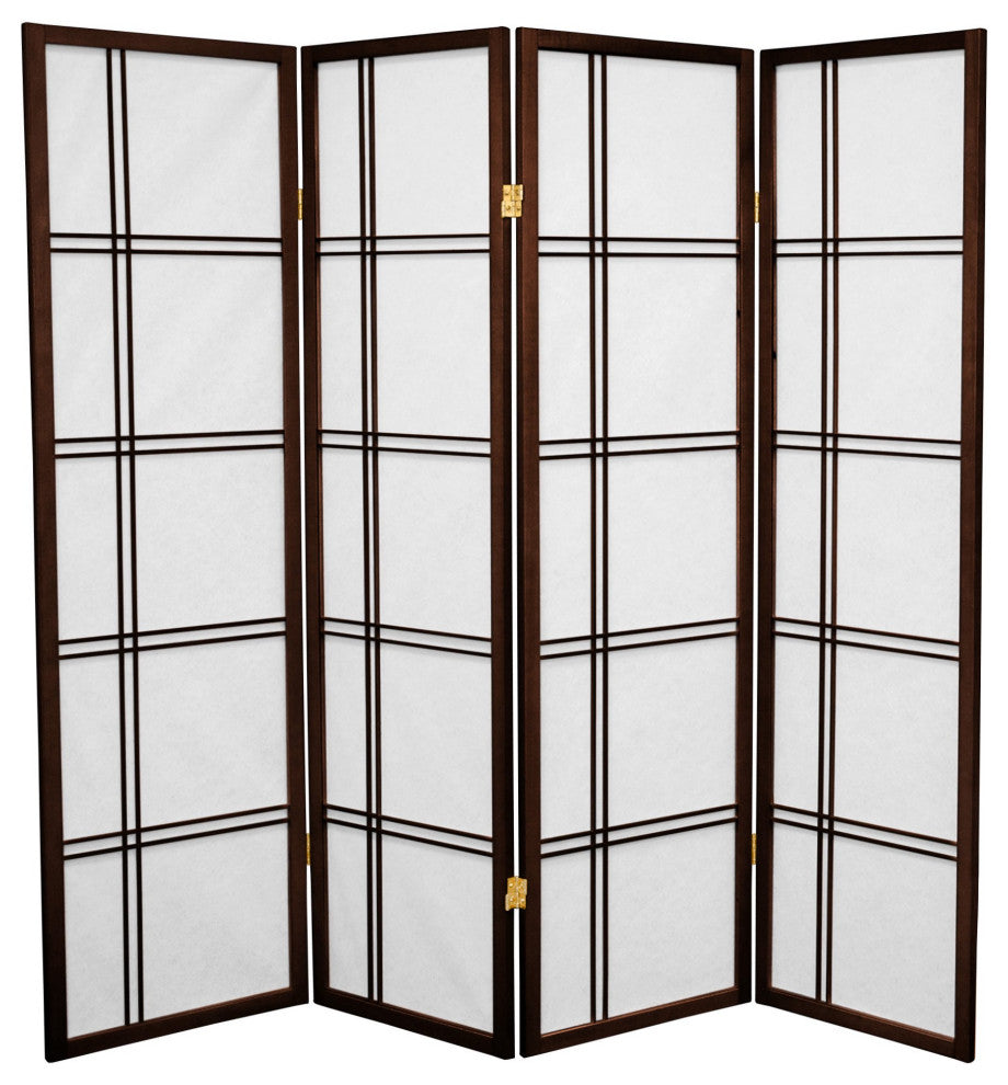 Lightweight Room Screen with Rice Paper Panels and Decorative Lattice Pattern, Walnut/4 Panels