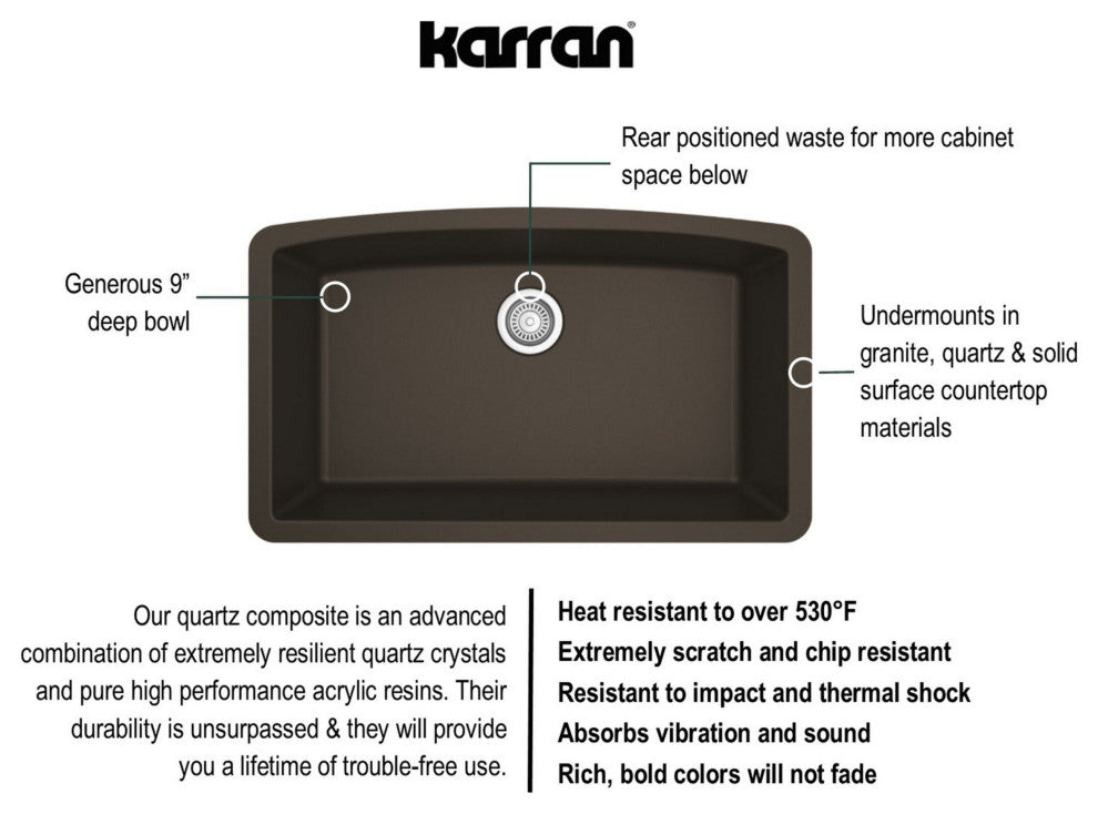 Karran Undermount Quartz 32" Single Bowl Kitchen Sink Kit, Brown