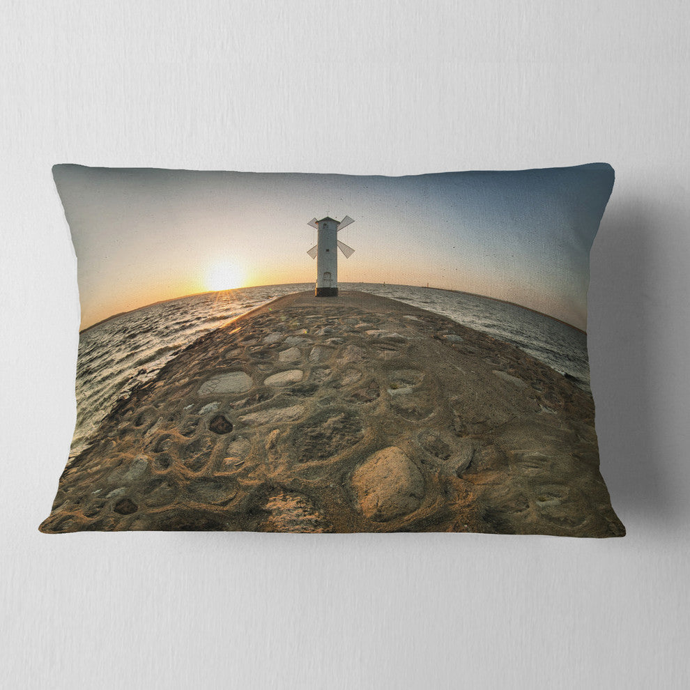 Lighthouse Windmill Stawa Mlyny Seascape Throw Pillow, 12"x20"