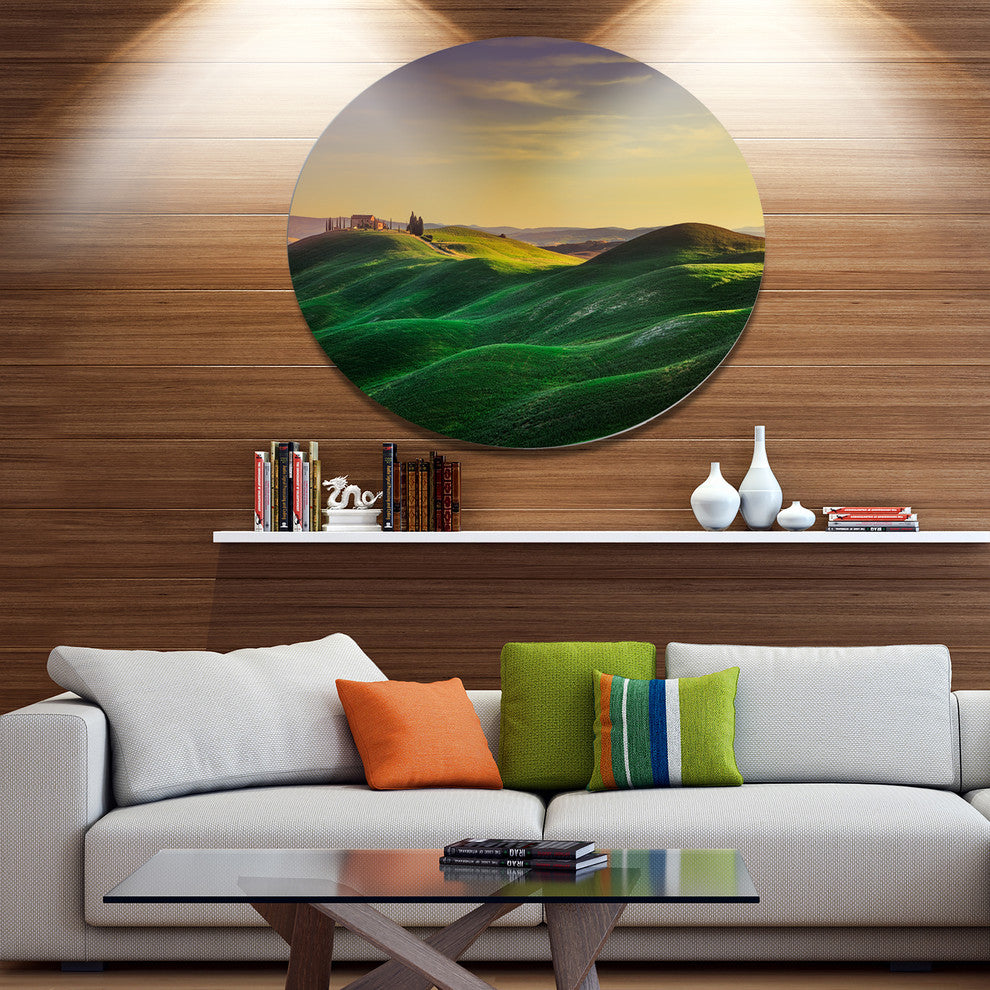 Green Rolling Hils In Crete Senesi, Landscape Disc Metal Artwork, 11"