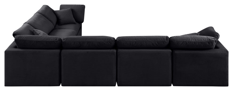 Indulge Upholstered Modular L-Shaped Sectional, Black, 6-Piece: 3 Armless Chair, 3 Corner Chair, Down Stuffed Velvet