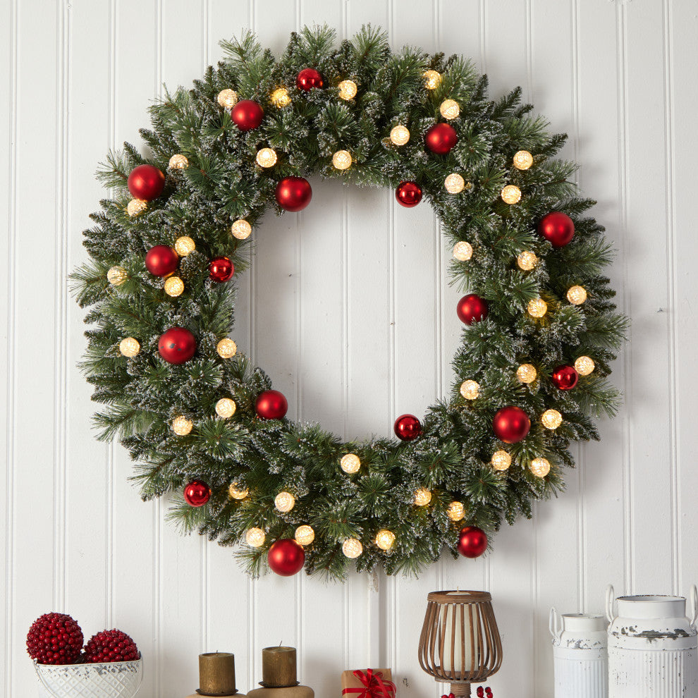 4' Oversized Pre-Lit Frosted Christmas Wreath w/ Ornaments & 40 LED Globe Lights