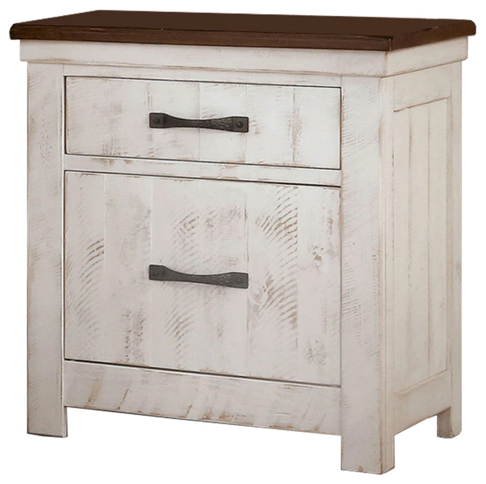 Benzara BM245814 Nightstand With Plank Design 2 Drawers & USB Plugs, White/Brown