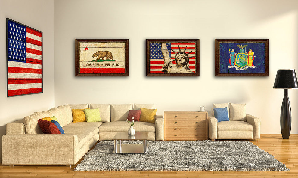 American Lady Liberty Textured Flag Print With Brown Gold Frame, 15"X21"