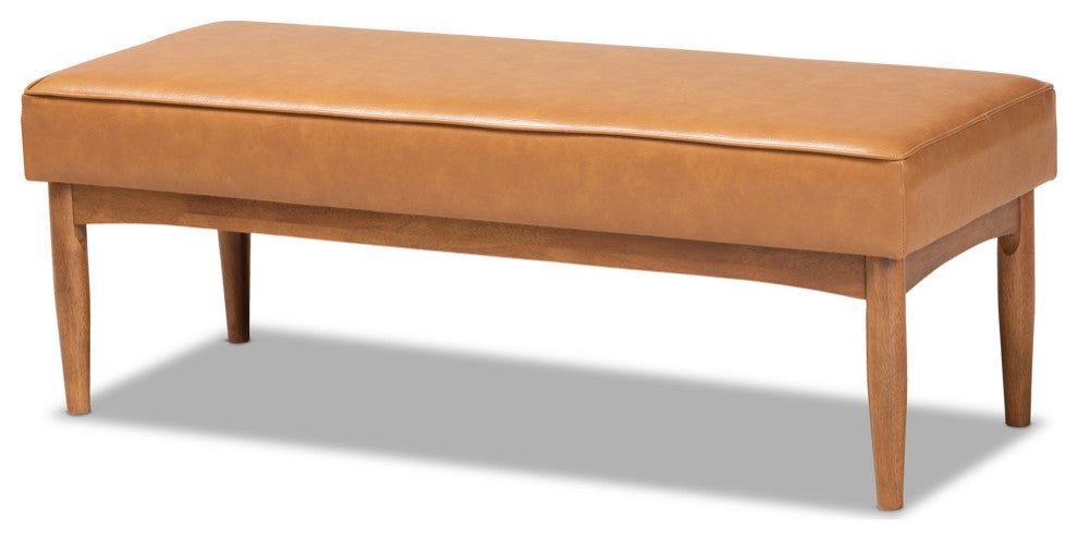 San Simeon Mid-Century Tan Faux Leather and Walnut Brown Wood Dining Bench