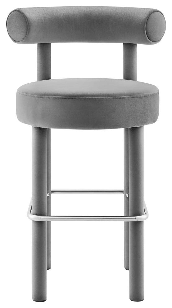 Toulouse Performance Velvet Bar Stool, Curved Round Bolster Kitchen Stool, Grey