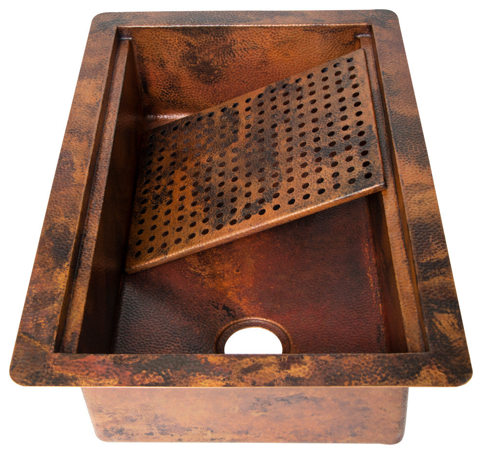 33" Drop-in One Bowl Hammered Copper Kitchen Sink w/ Removable Grill, 16 Gauge