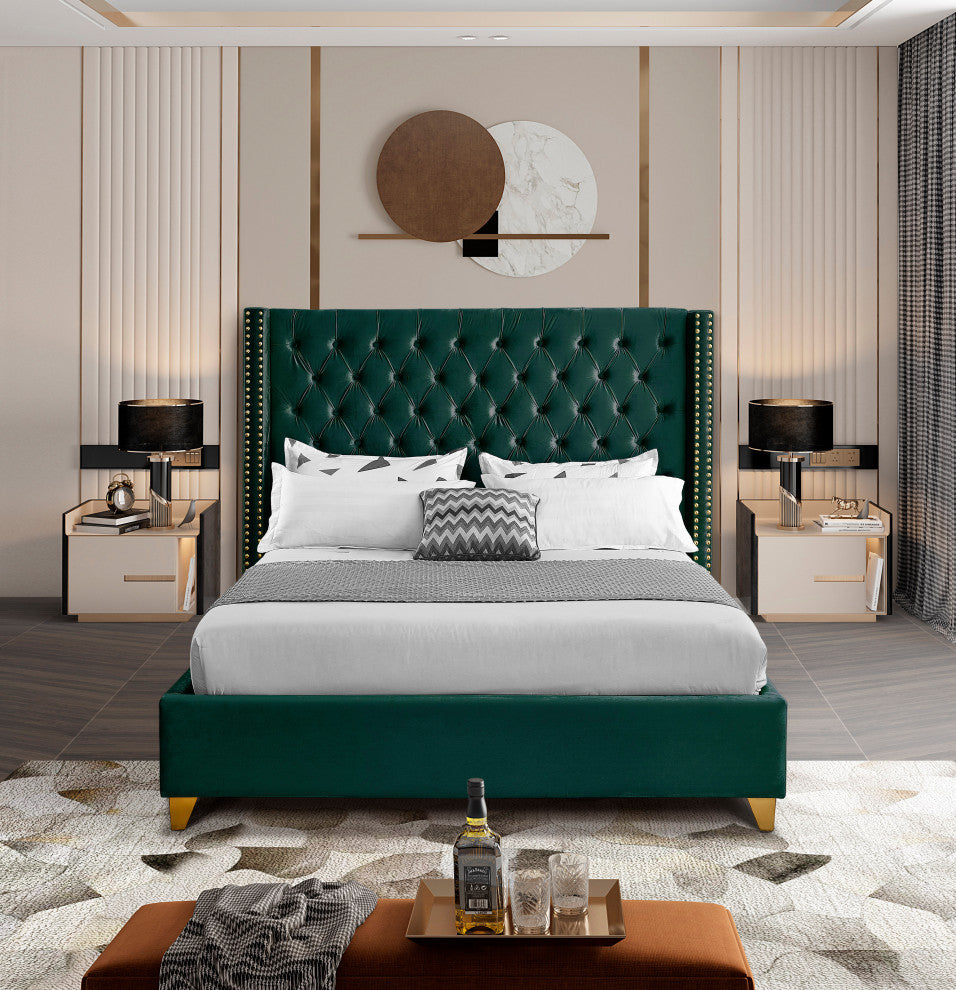 Barolo Velvet Upholstered Bed, Green, Full