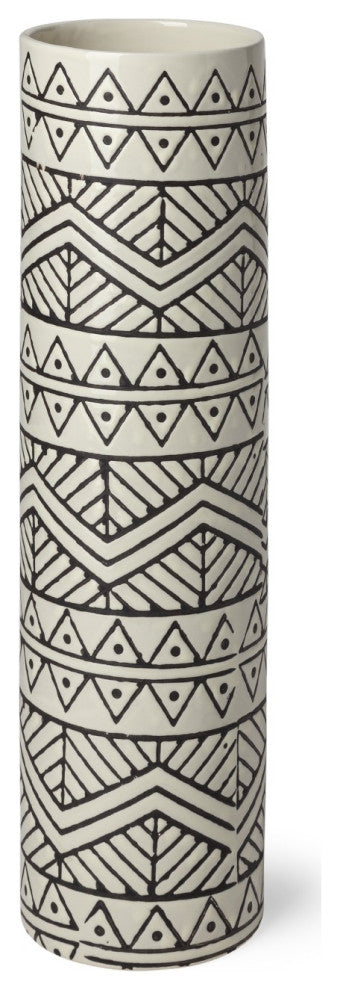 14" Black and Cream Tribal Geo Ceramic Vase