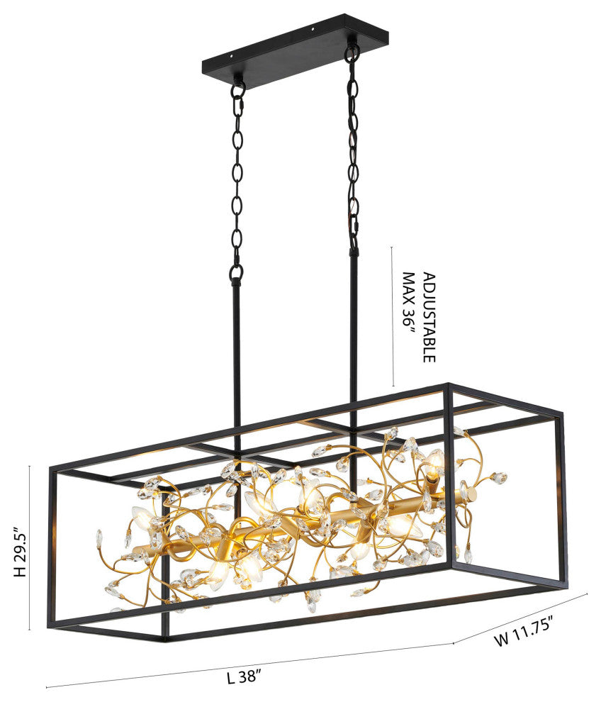 8-Light Black Chandelier With Gold Branch And Clear Crystal Accents