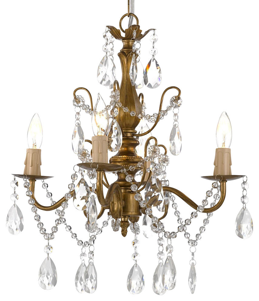 Wrought Iron and Crystal 4-Light Gold Chandelier 14"x15" Pendant Fixture