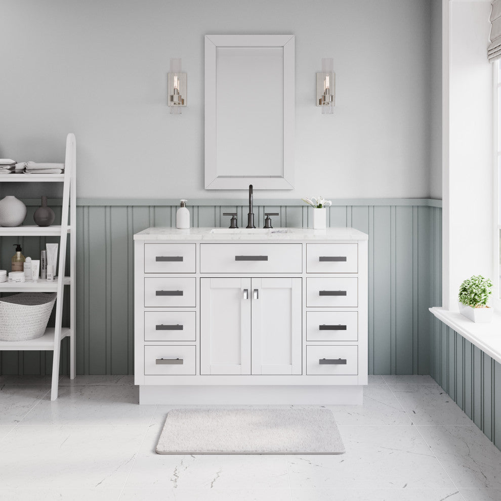 Hartford 48" Single Sink Marble Countertop Bath Vanity, White, Vanity With Mirror
