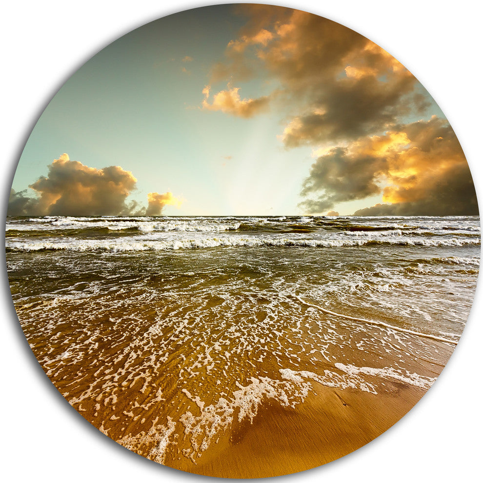 Brown Tinged Beach And Cloudy Sky, Seashore Round Metal Wall Art, 36"