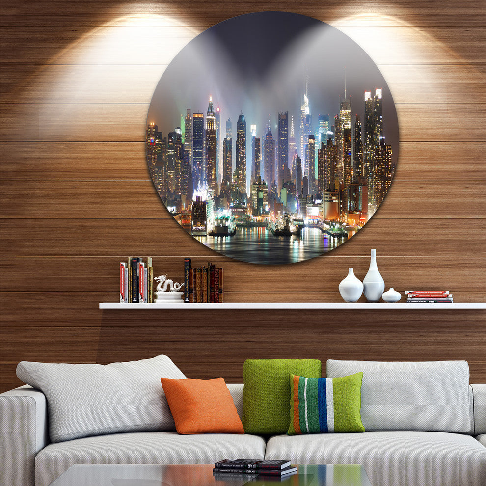 New York Times Square In Blue Light, Cityscape Disc Metal Wall Art, 11"