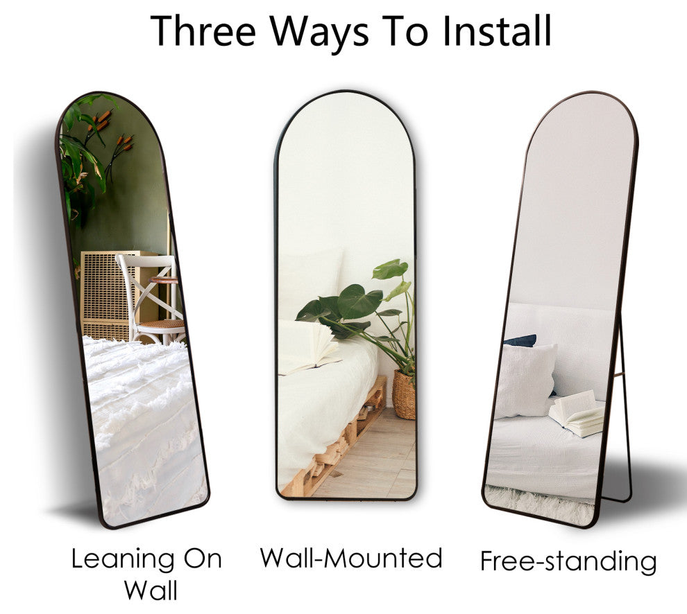 Easly 20x63 Aluminum Alloy Framed Arched Rounded Floor Mirror, Black