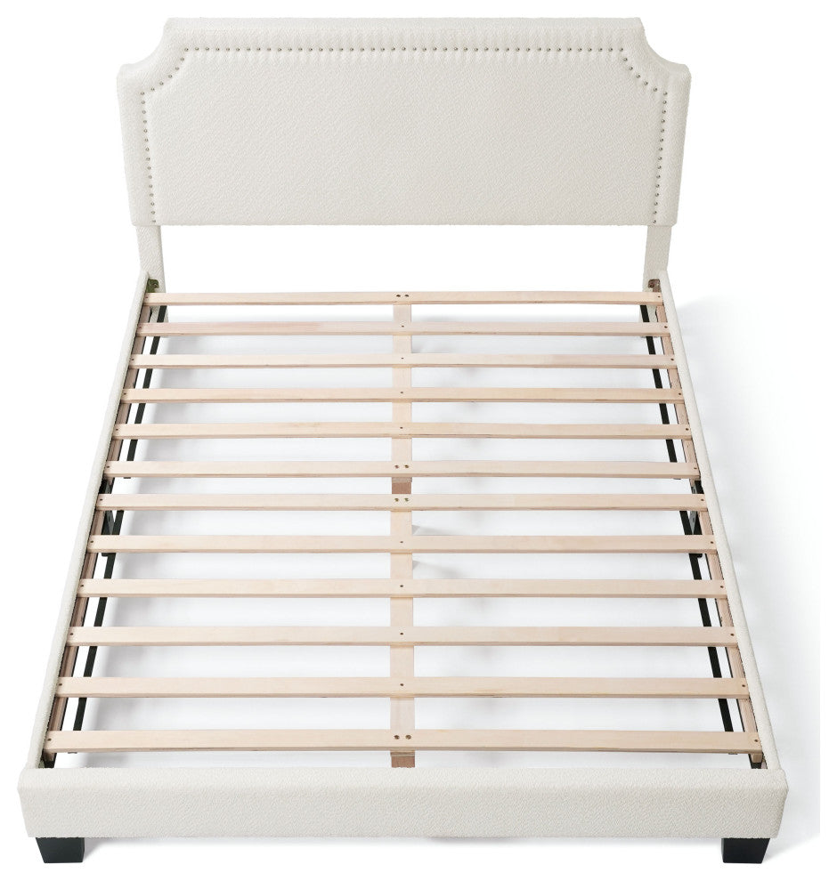 Miles White Boucle Upholstered Wood Frame Platform Bed, Queen, Naihead Trim