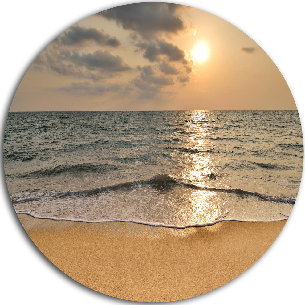 Dark Tropical Sand Beach At Sunset, Seascape Round Wall Art, 11"