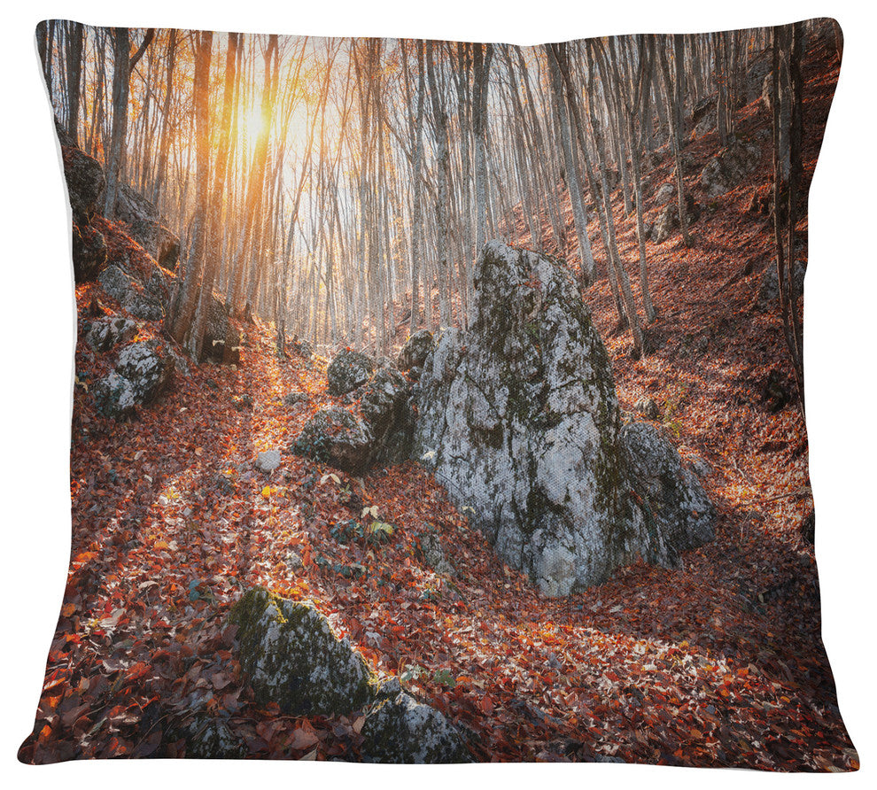 Rocky Red Autumn Forest Landscape Photography Throw Pillow, 18"x18"