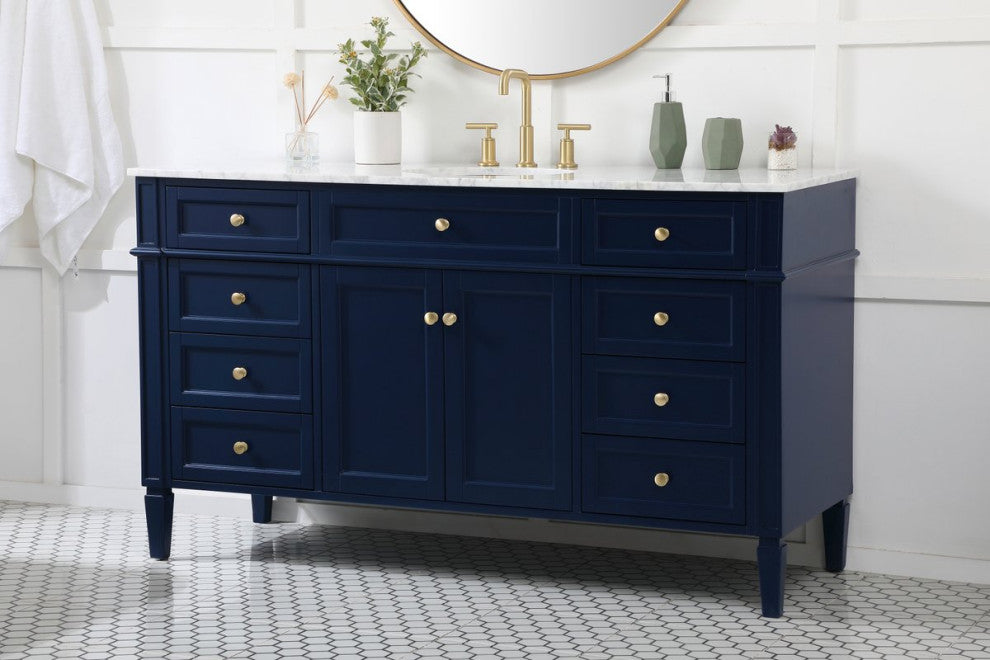 Home Living Vanity with Carrara White Marble Countertop, Blue, 60", Single Sink