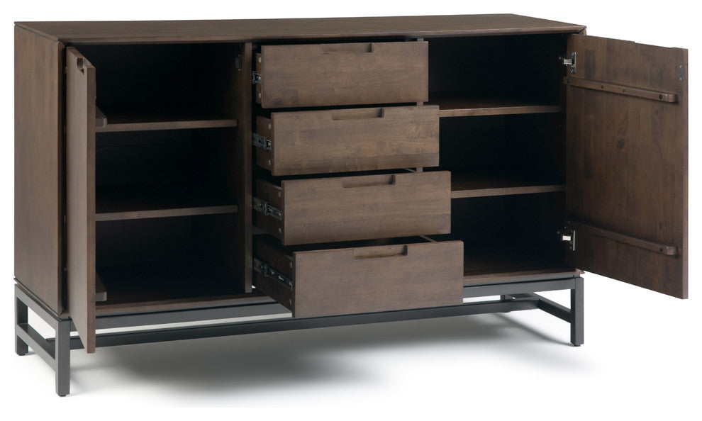 Hardwood & Metal 60"Wide Rectangle Sideboard With Centre Drawers In Walnut Brown