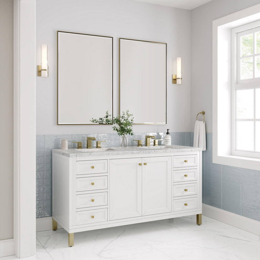 Chicago 60" Double Vanity, Glossy White, Eternal Jasmine Pearl Quartz