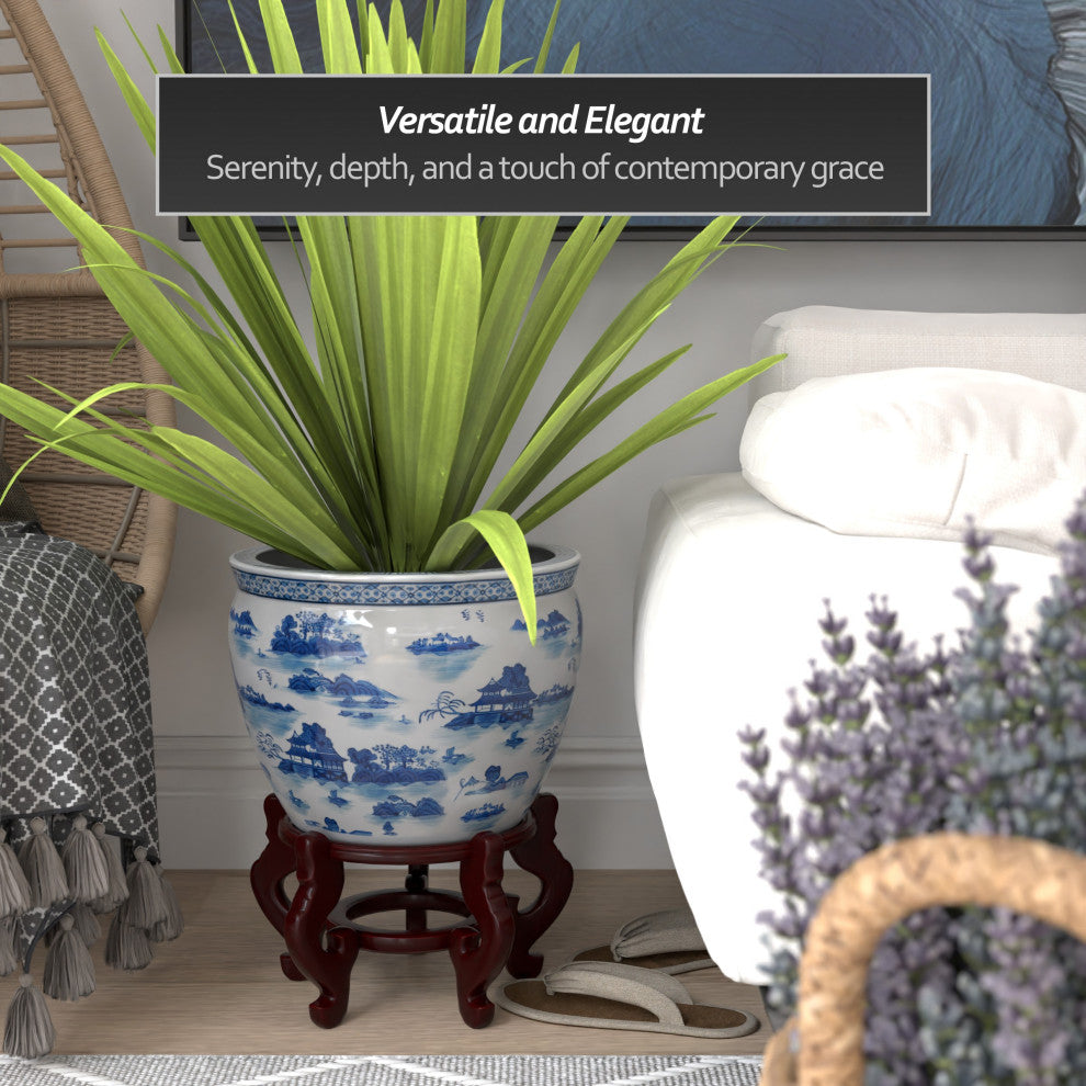 14" Landscape Blue and White Porcelain Fishbowl