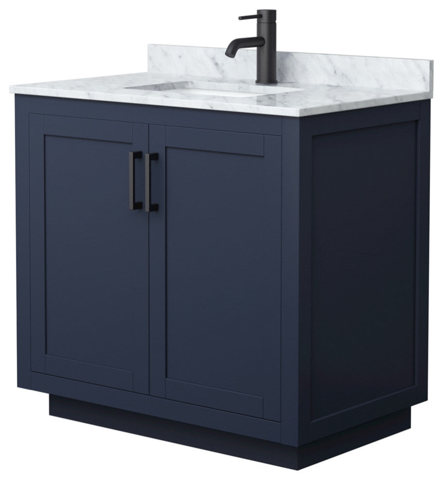 36" Single Bathroom Vanity, Dark Blue, Carrara Countertop, Sink, Black Trim