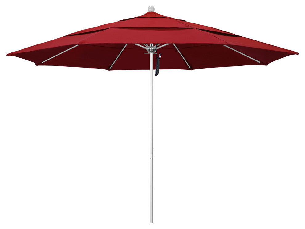 11' Silver Anodized Pulley Lift Fiberglass Rib Aluminum Umbrella, Olefin, Red