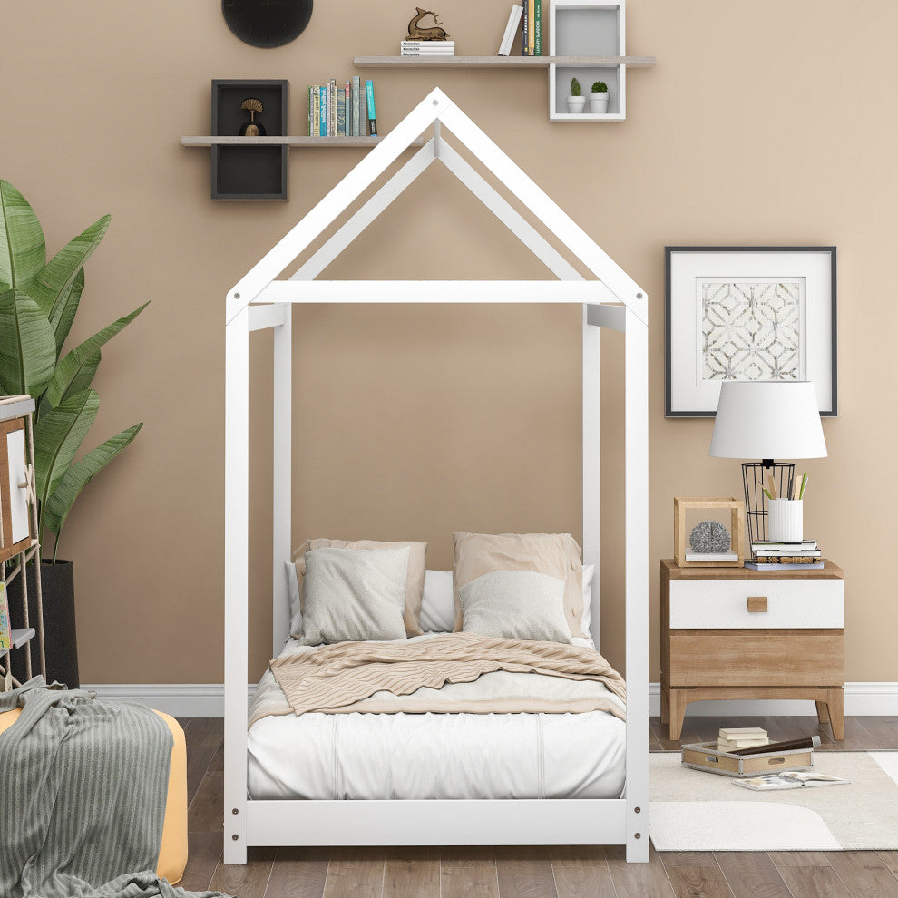 Gewnee Twin Size Wooden House Bed in White