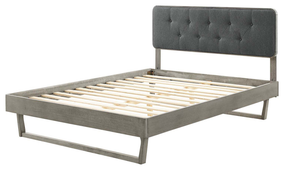 Platform Bed Frame, Queen Size, Fabric, Wood, Gray, Modern Mid-Century