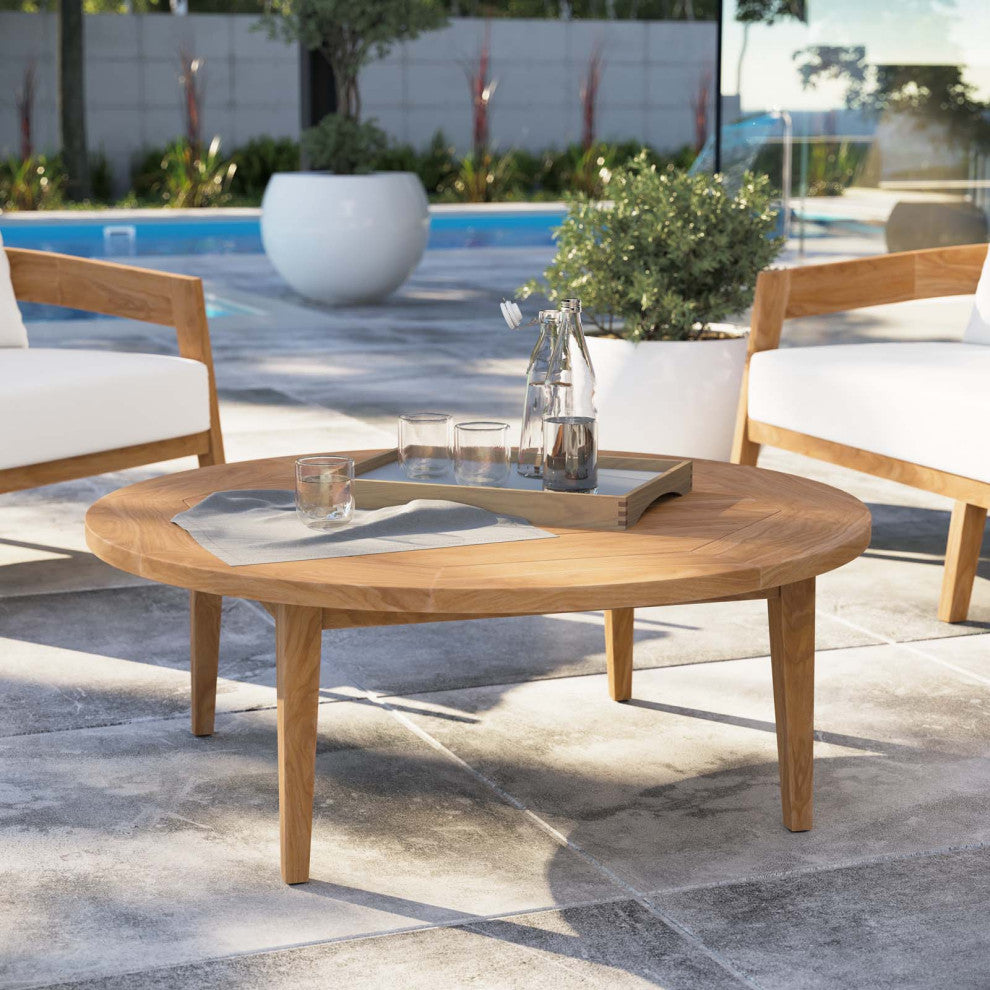 Lounge Coffee Table, Round, Brown Natural, Teak Wood, Modern, Outdoor Patio