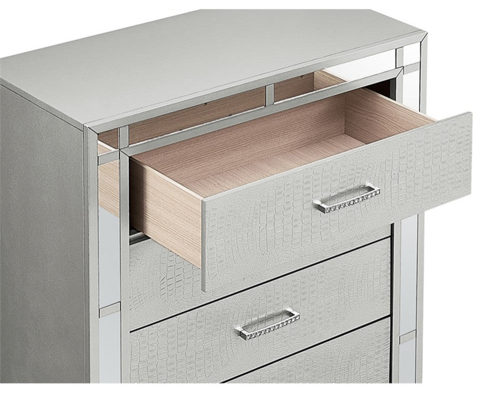 Maklaine Modern styled Wood 5 Drawer Chest Silver Champagne Finish