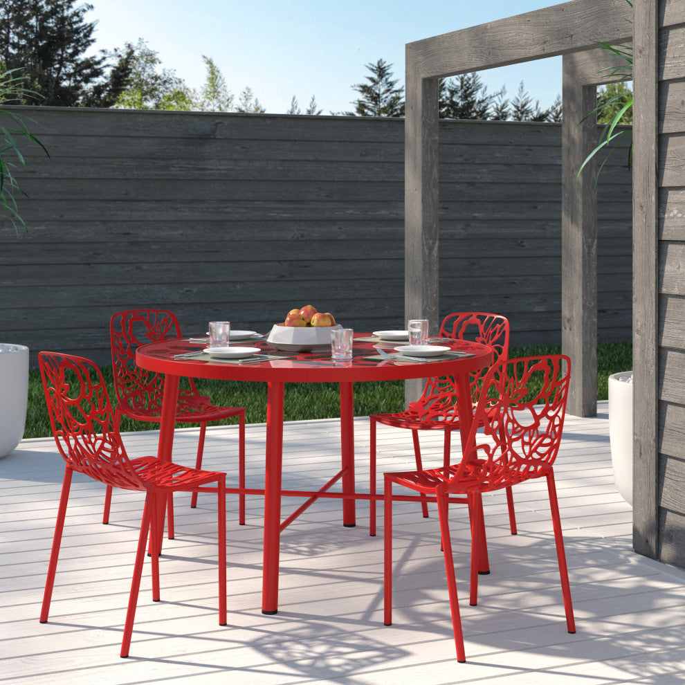 LeisureMod Devon Modern Outdoor Stackable Aluminum Dining Chair, Set of 4, Red
