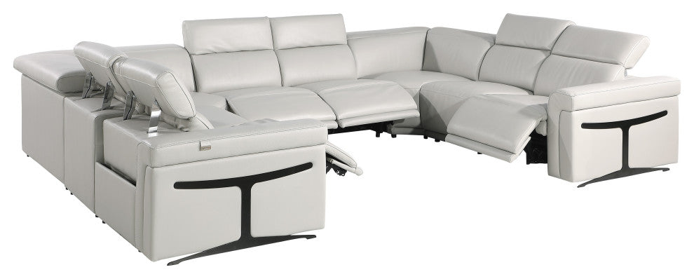 GIOVANNI 8-Piece, 4-Power Reclining Italian Leather Sectional, Light Gray