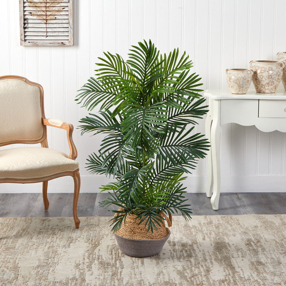 4' Areca Faux Palm Tree, Boho Chic Handmade Cotton & Jute Gray Woven Planter