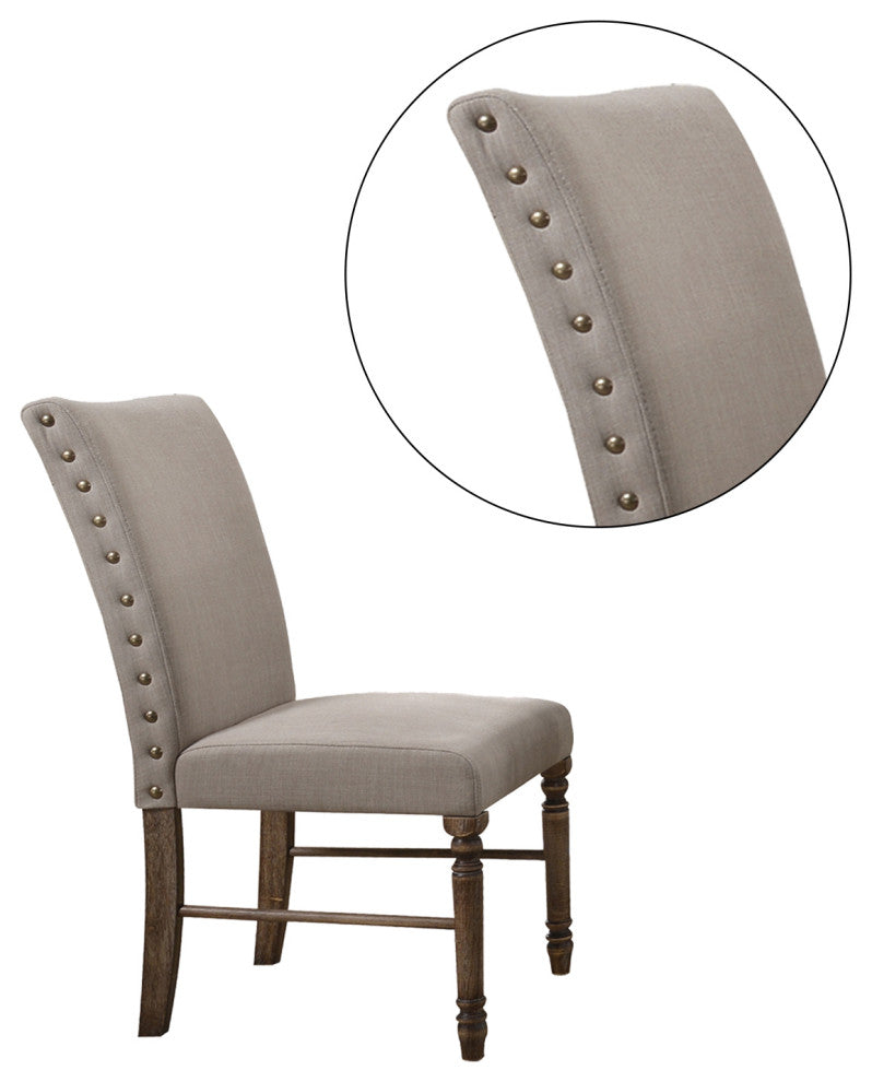Set of 2 Cream Linen Side Chair, Weathered Oak Finish
